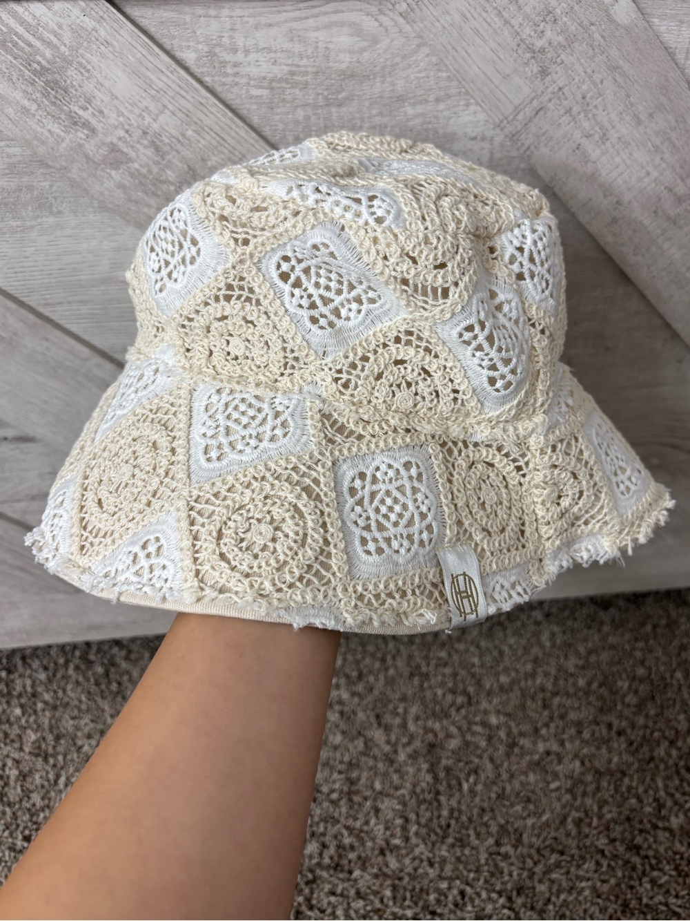 House of Harlow 1960 Crochet Patchwork Bucket Hat - Cream & White Coastal Boho